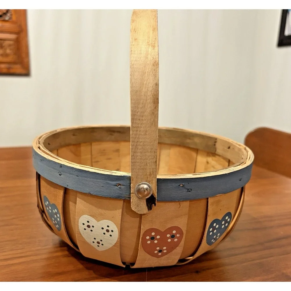 Vintage 1995 Hearts Harvest Basket Wood Country Decor Pastel
